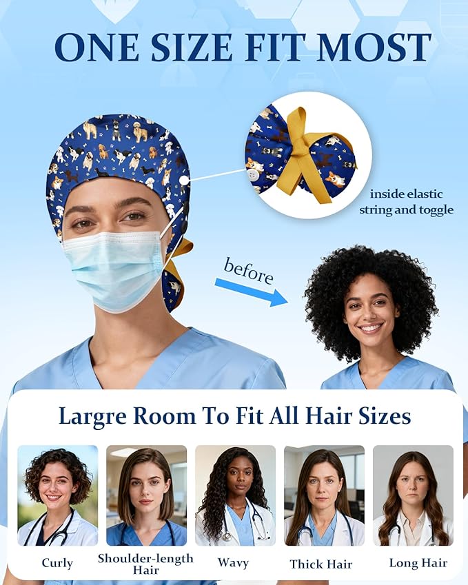Plifal 100% Cotton Scrub Cap with Buttons-Nurse Cap with Sweatband for Women, Adjustable Working Hat,Satin Lined or Unlined