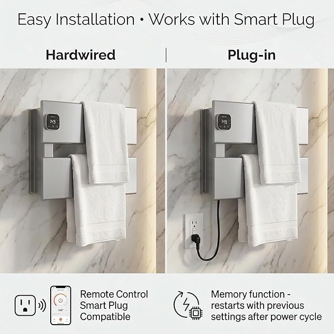 Electric Towel Warmer, Heated Towel Rack with Thermo Control and Timer, Fast Heating Towel Rail for Bathroom with Memroy Function, Work with Smart Plug, Left-Wiring, 2 Panel, Silver