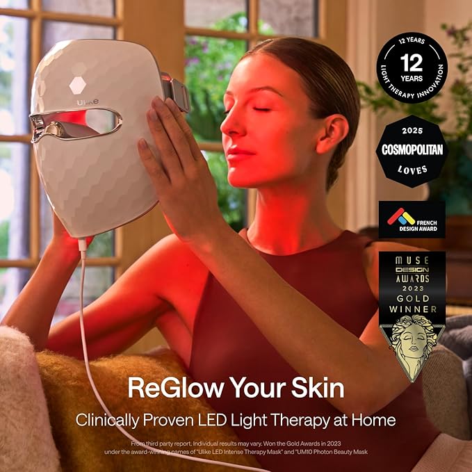 Ulike ReGlow LED Face Mask, Red Light Therapy for Face, Red, Blue, Yellow & Infrared Light Therapy for Acne & Anti-Ageing, Cordless, Remote Control, Eye Protection, Home Skincare Device for Women Wife