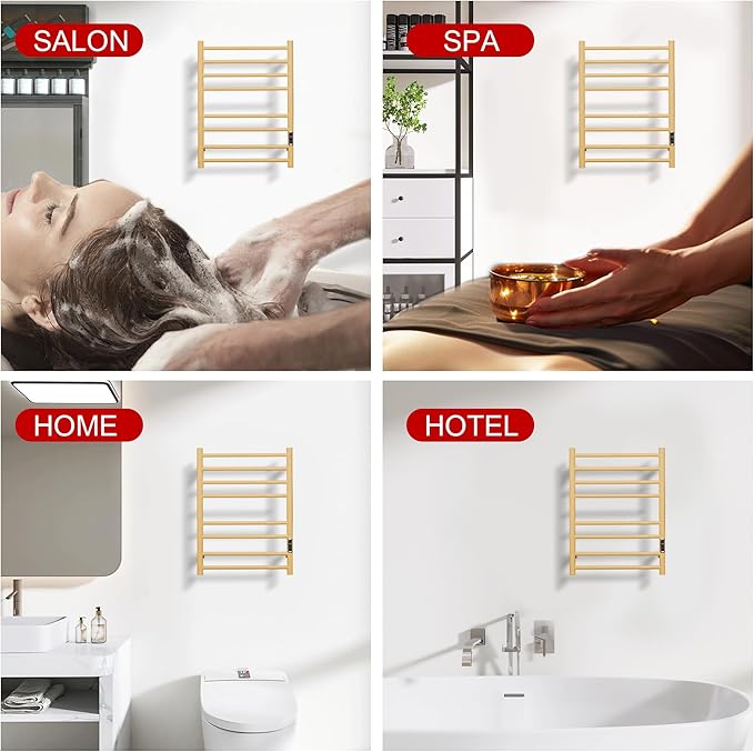 Heated Towel Racks for Bathroom, Wall Mounted Electric Towel Warmer Racks with Timer & Temperature Control, Stainless Steel Towel Heater for Bathroom (Round-Gold, 8 Bars)