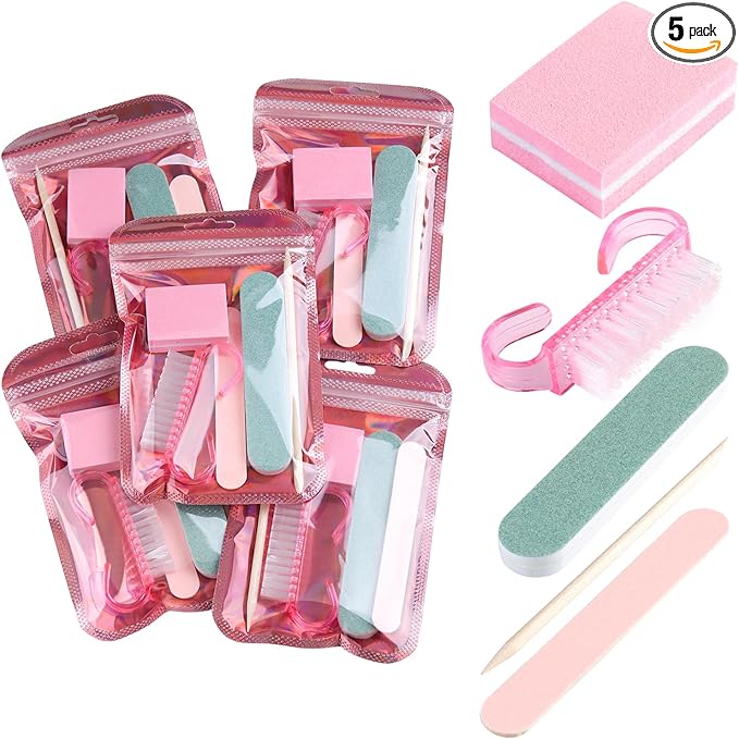 Fcozpjk Disposable Manicure Kit Basics 5PCS Nail Kit, Mini Nail Files Buffers Bulk Handle Grip Brush Orange Wood Stick Individually-Packed Pedicure Set for Fingernails Toenails Salon Supplies 5 Packs