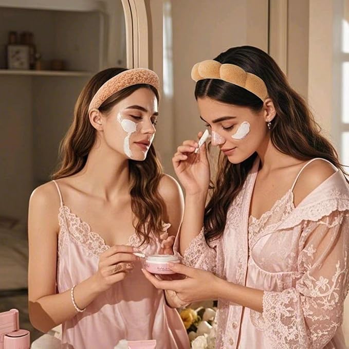 2Pcs Spa Headband for Washing Face & 1 Pair Wristband Set - Sponge Makeup Skincare Headband, Terry Cloth Bubble Soft Hairband, Puffy Padded Non-Slip Thick Hair Accessory for Women & Girls (Brown)