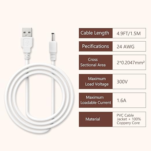2 Pcs 5 FT Replacement Charger Cable for Flawless Pedi, Compatible with Finishing Touch Flawless Electric Foot Callus Remover, USB to DC Barrel Charging Cord for Flawless Pedicure Tool Pedicure Wand