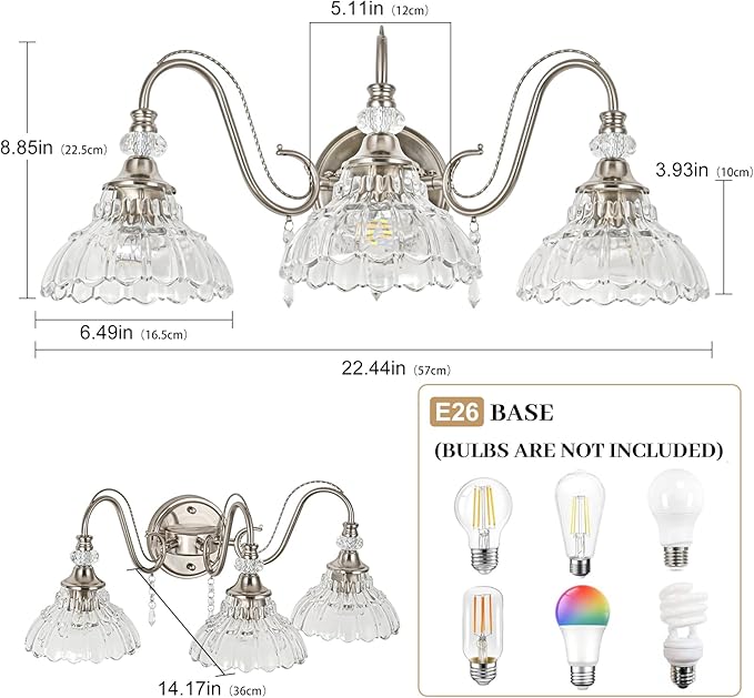 Brushed Nickel Bathroom Vanity Light, 3-Light Nickel Finish Wall Sconce with Hanging Crystal Accents and Flower-Shaped Clear Glass Shades, Modern Wall Mount Vanity Light Over Mirror for Bathroom