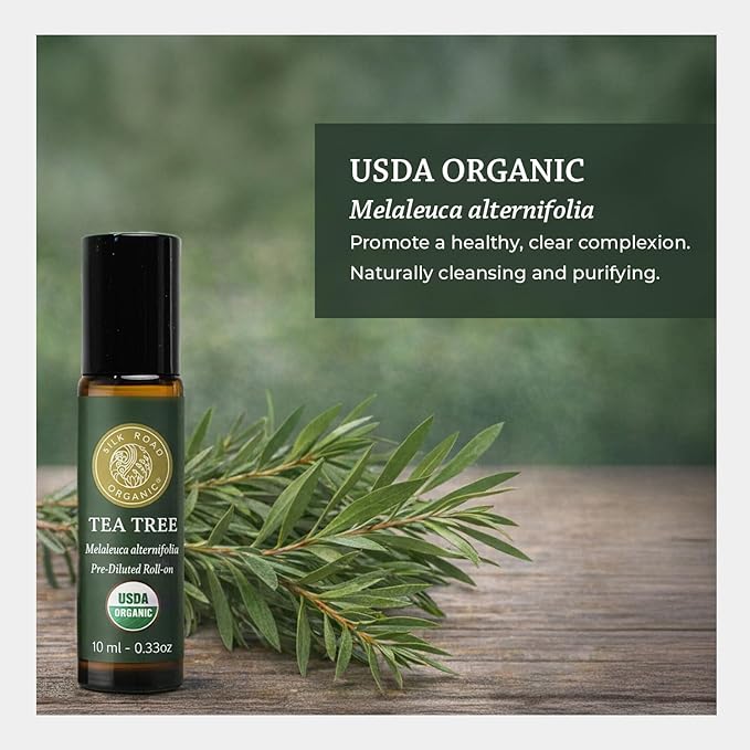 Silk Road Organic Tea Tree Essential Oil Roll On for Healthy Clear Skin, Nail Care & Foot Care - 100% Pure USDA Certified 10 ml Roller