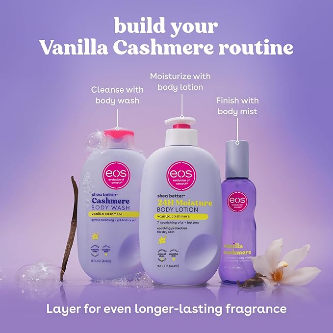 Bundle of eos Cashmere Body Wash – Vanilla Cashmere, Moisturizing Body Wash, 16 fl oz + eos Cashmere Oil, Vanilla, 24 Hour Moisture, Plant-Based Squalane to Soothe, Soften and Smooth Dry Skin, 6 fl oz
