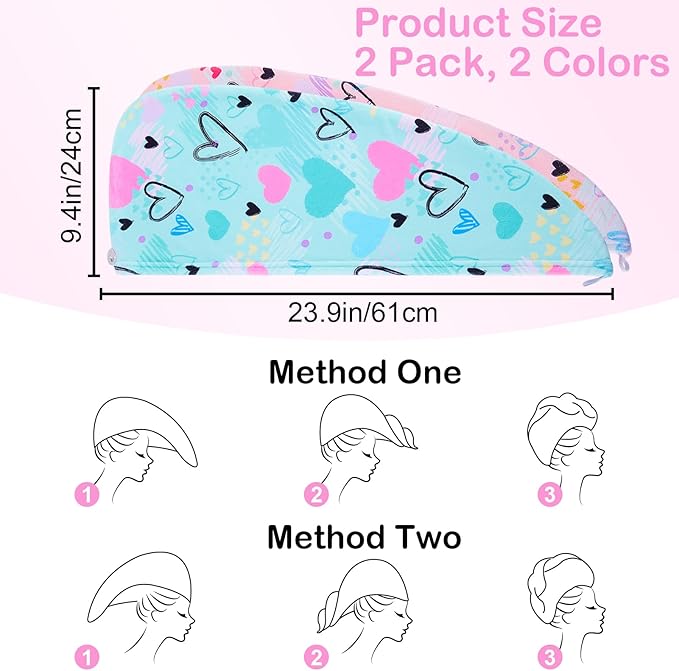 Basumee Microfiber Hair Towel Wrap for Kids 2 Pack Rapid Drying Hair Towel with Button Hair Turbans for Wet Hair Wraps Head Towel Wrap for Women and Girls, Blue