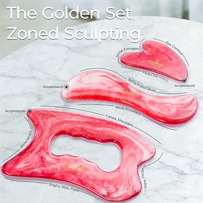 Scienlodic 3 Pcs Gua Sha Massage Tools for Face & Body (Red, Resin) - Scraping Tools for Back, Legs & Muscle Relaxation, Guasha Facial Tool for Jawline Contouring & Puffiness Reduction
