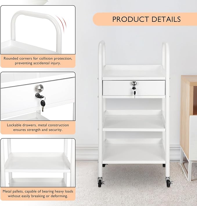 LEIBOU Beauty Salon Trolley Cart Hair Station with Wheels, Tray Cart with 1 Drawer & 2 Trays, Medical Esthetic Supply Holder for Massage Tattoo Facials