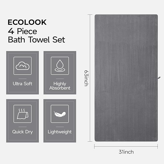 ecolook 4 Pack Microfiber Bath Towels, 31 x 63 inches Extra Large Bath Towel Set, Super Soft Highly Absorbent Bath Towels Set of 4, Quick Dry Lightweight Bathroom Towels for Spa, Pool, Gym, Dark Gray