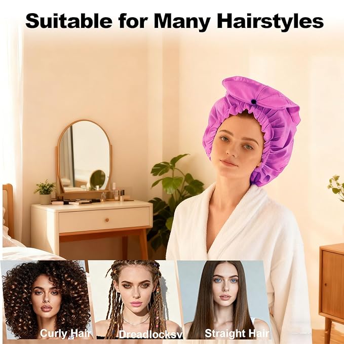 ELEBOX 4 Pack Extra Large Shower Cap for Braids/Curly Hair/Dreadlock | XL Bathing Cap with Adjustable Drawstring & Button | Reusable Waterproof Long Bonnets for Women Shower/Cooking/Cleaning/Spa