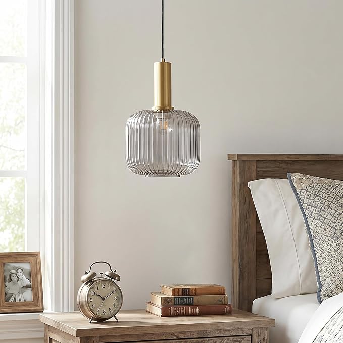 KCO Lighting Mid Century Smoke Glass Pendant Light Antique Brass Kitchen Island Pendant Lighting Modern Striped Glass Globe Hanging Light Large Industrial Pendant Light Fixture