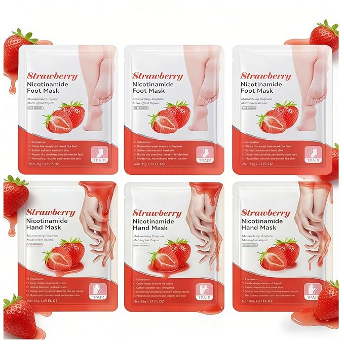 6-Pack Strawberry Nicotinamide Hand & Foot Mask (3 Hand/3 Foot,) - Home Spa Experience with PAS for Hands & Feet - Hydrating & Moisturizing, Strawberry Scent for Dry Rough Skin