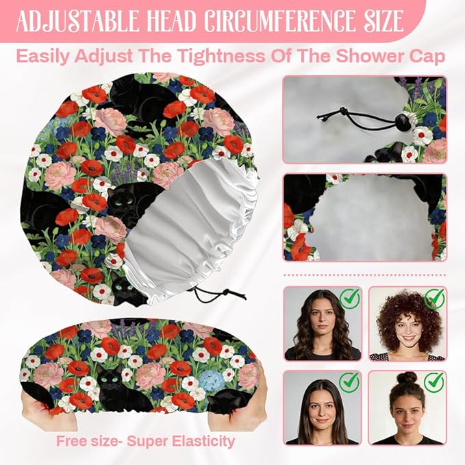 Black Cat Reusable Shower Cap Flower Double Layer Waterproof Shower Caps Large Elastic Hair Cover Adjustable Hair - Drying Caps for Woman Man Bath SPA Travel One Size Fits Most