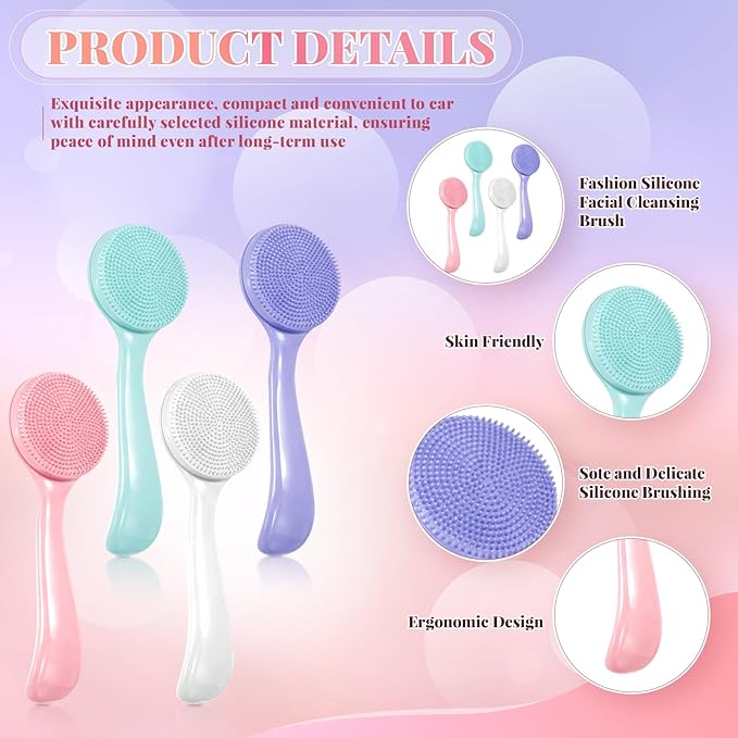 JJUNW 4 Pcs Silicone Face Brush for Cleansing, Waterproof Face Cleaning Scrubber Soft Bristles Wash Brush, Contour Faces Brushes Exfoliating Brushes for Blackheads Makeup Removal(Colorful)