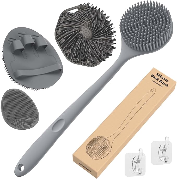 Manmihealth Silicone Back Scrubber & Soft Bath Glove Set 4 PCS(Thick Bristles), Super-Exfoliating Body Scrubber & Super-Lathering Shower Brush Combination, with 2 Adhesive Hook(Gray)