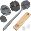 Manmihealth Silicone Back Scrubber & Soft Bath Glove Set 4 PCS(Thick Bristles), Super-Exfoliating Body Scrubber & Super-Lathering Shower Brush Combination, with 2 Adhesive Hook(Gray)