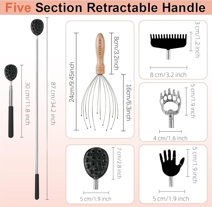 WOVTE Back Scratcher and Scalp Massager Kit – 4 in 1 Telescoping Back Scratcher for Men, 12 Fingers Head Massager for Stress Relief, Mothers Day Fathers Day Birthday Gifts for Men Women Adult