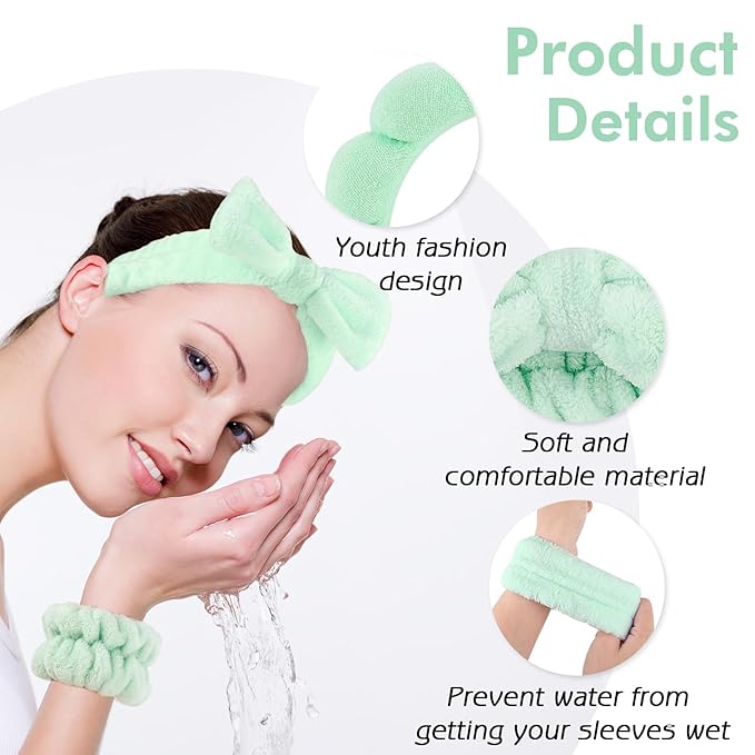 Zkptops 6Pcs Spa Headband for Washing Face Wristbands Set Women Bubble Makeup Sponge Terry Cloth Padded Puffy Headband Bow Tie Skincare Hairband Cute Non Slip Thick Hair Accessory Gifts (Light Green)