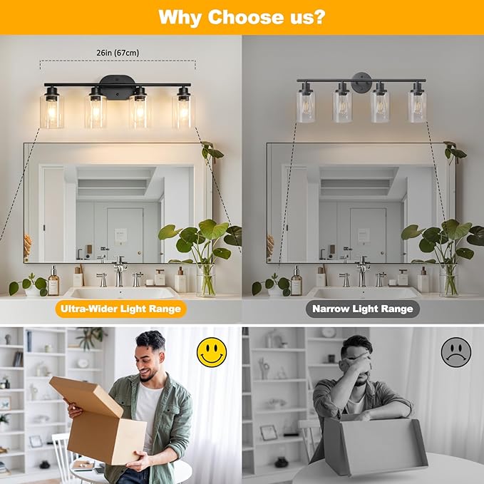Unicozin Bathroom Light Fixtures, 4 Light Vanity Lights for Bathroom, Black Wall Lamp with Clear Glass for Mirror, Living Room, Hallway, Cabinet, E26 Base