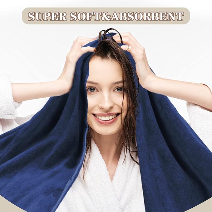 SUNLAND Microfiber Hair Towels Anti Frizz Hair Drying Towel Super Absorbent Fast Drying Turbans for Wet Curly Hair Soft Hair Towel Wrap with Elastic Band for All Hair Types 40 X 20 inches Navy Blue