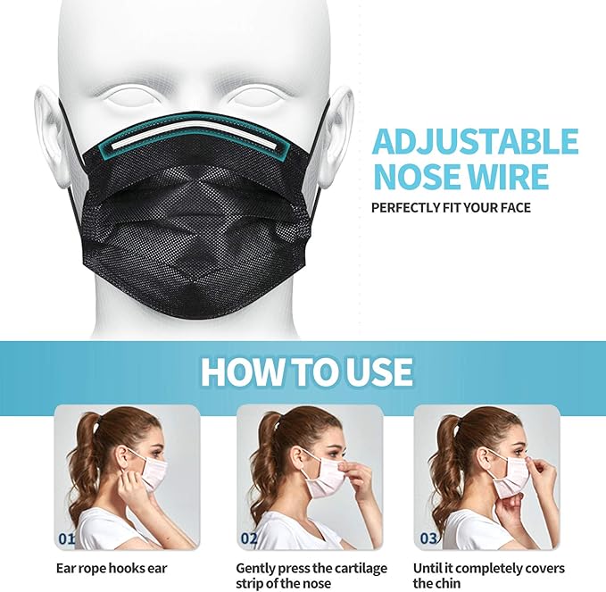 Black Disposable Face Masks 4 Layers Protection 50Pcs, Breathable Dust Mask Mouth Covers for Adult