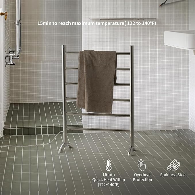 Freestanding Towel Warmer 6 Bars Plug-in Option 3 Working Modes with Top-Mounted Timer Mirror Polished Stainless Steel 24” W 34” H