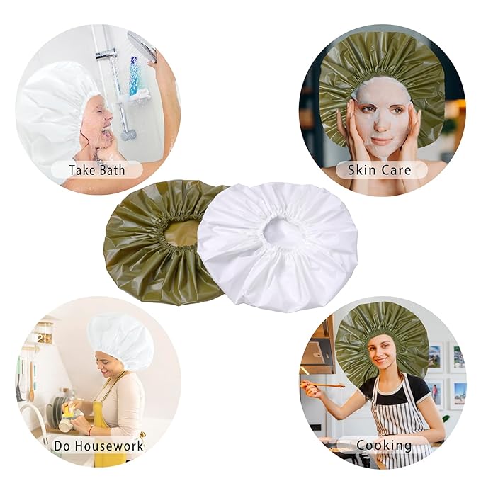 Extra Large Shower Cap 2 PCS Waterproof Shower Caps for Women, Super Jumbo Shower Cap, Reusable Super Large Bath Caps Hair Cap for Long Thick Curly Hair, Locs, Twist Braids - Green + White