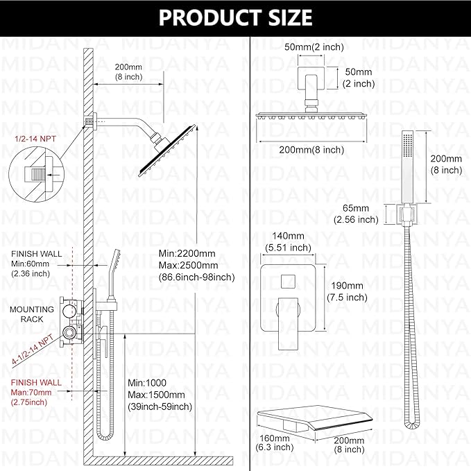 Midanya Shower System with Tub Spout,Bathtub Shower Faucet Set with Square Rainfall Head and Handheld Sprayer Wall Mount Tub Faucet Set with Valve and Trim Kit,8 Inch Matte Black