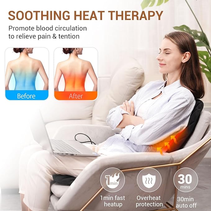 CARSHION Back Massager with Heat,Heated Seat Cover Cushion with 5 Vibrating Massage Nodes Chair Pad for Pain Relief Home Office Use