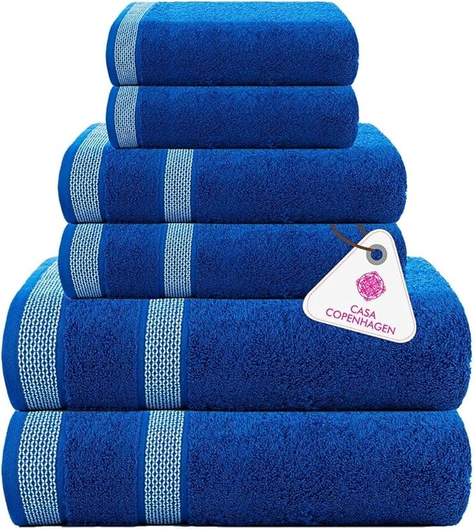 CASA COPENHAGEN Solitaire 6Pcs 100% Egyptian Cotton Large Designer Towels Gift Set- Cobalt, 600GSM, 2Bath 2Hand 2Washcloths, Bath Towels for Bathroom Set for Women & Men