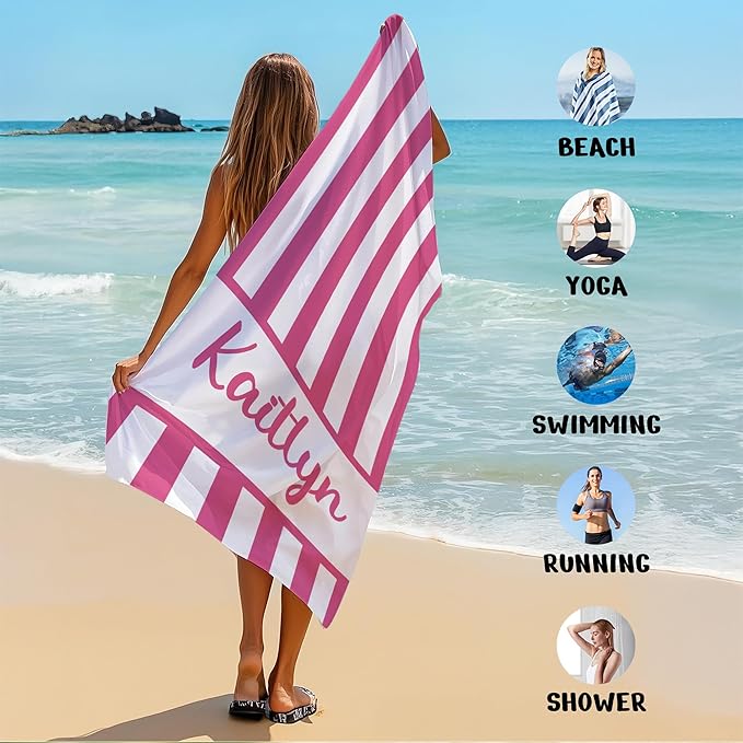 JML Personalized Beach Towel with Name, Custom Cabana Stripe Beach Towel, Customized Microfiber Pool Towel, Quick Dry & Absorbent Swim Towel for Adult,Anniversary, Birthday, Summer Holiday,Vacation