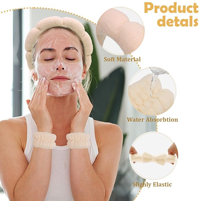 Khaki Spa Headband and Wristband Set-Headband for Washing Face Sponge Skincare Headbands Makeup Headbands for Women Girls Cute Bow Skin Care hairband Soft Bubble Face Wash Head band for Women