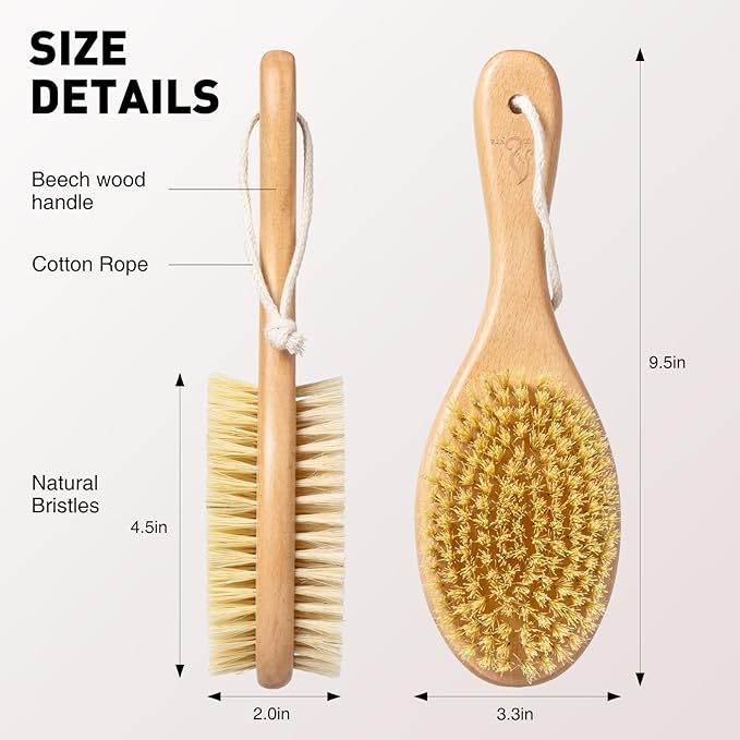 Short-Handle Dual-Sided Bath Massage Brush, Soft Boar & Firm Sisal Bristles, Portable (Natural Beech Wood)