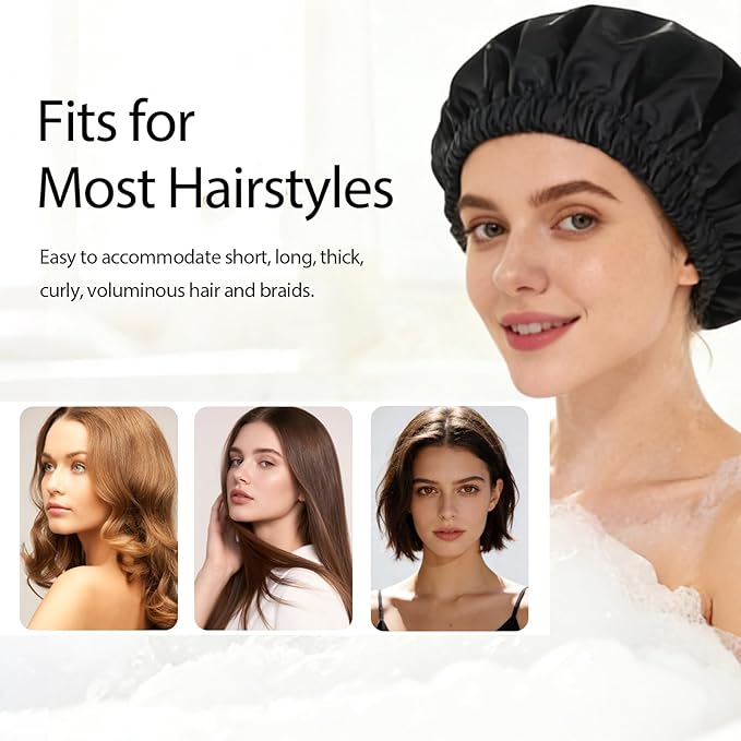 Shower Cap for Women Reusable Waterproof, Large Bath Cap with Elastic Band, Hair Caps for Long Hair and Braids, Black