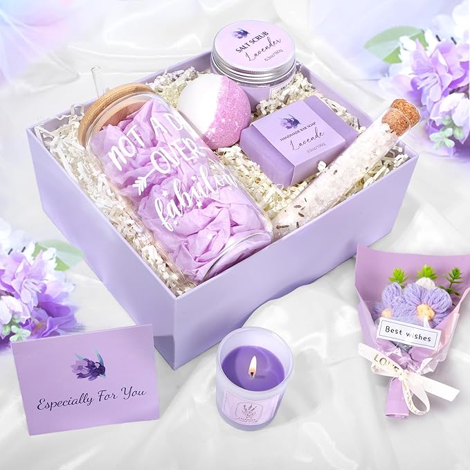 Mothers Day Gifts for Mom, Spa Baskets for Women, Birthday Gifts for Women, Lavender Gift Set, Relaxing Spa Kit Box, Bath and Body Box for Her Mom Wife Sister, Friends, Self Care Gift for Woman