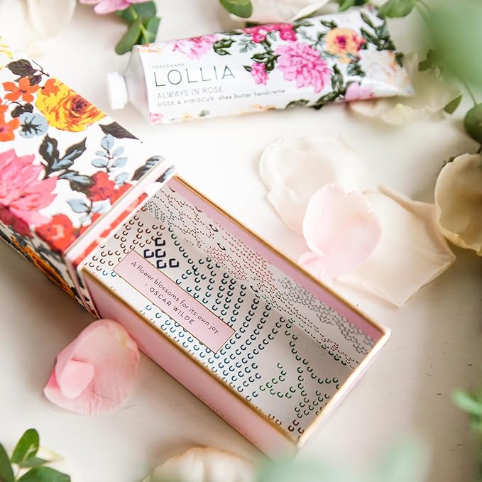 LOLLIA Always in Rose Handcreme, 4 oz., Rose & Hibiscus Scented Hand Cream for Women, Moisturizing Luxury Skin Care for Dry Hands with Shea Butter & Cocoa Butter, Quick Absorbing Lotion
