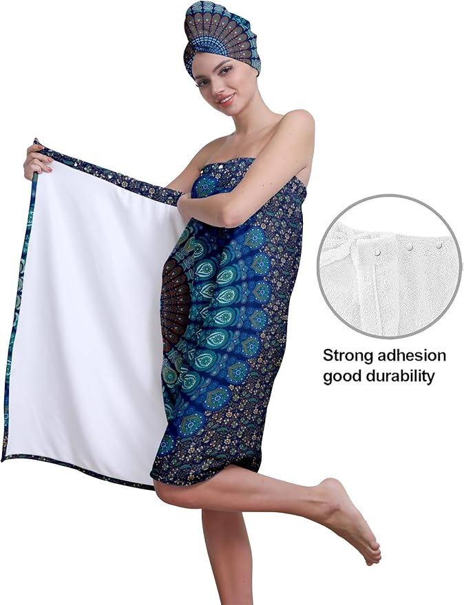 Women's Spa Bath Towel Wrap Set with Hair Turban, Blue Peacock Mandala Pattern, 31.5x59 Inches