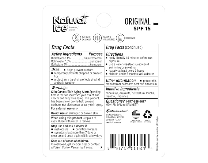 Mentholatum Natural Ice Lip Balm Original SPF 15 1 Each ( Pack of 3)