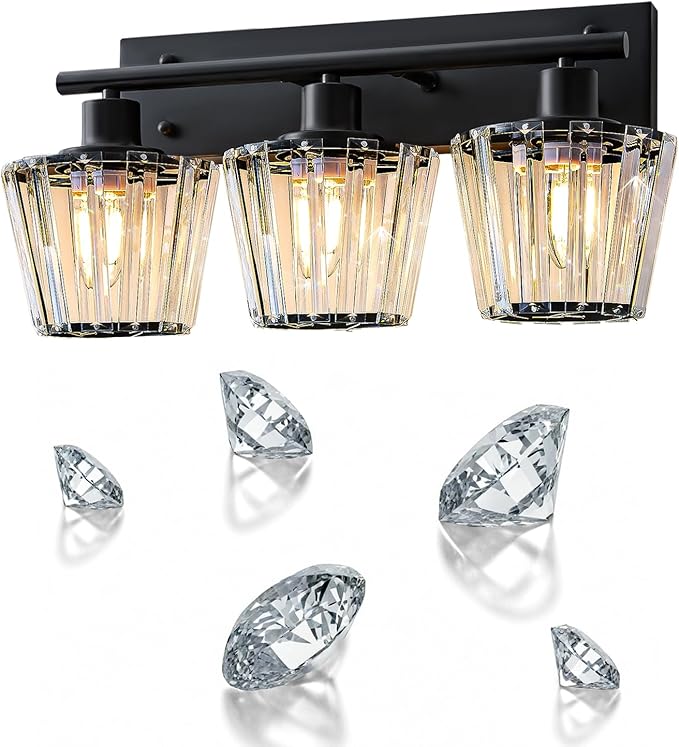 Bathroom Light Fixtures, 3-Light Vanity Light with 3 E26 Bulbs, Modern Crystal Bathroom Lighting Fixtures Over Mirror, Vanity Lights for Bathroom Living Room Hallway Kitchen