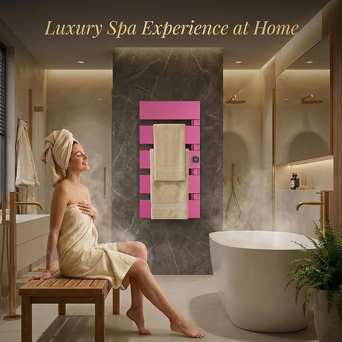 Electric Towel Warmer, Heated Towel Rack with Thermo Control and Timer, Fast Heating Towel Rail for Bathroom with Memroy Function, Work with Smart Plug, Right-Wiring, 4 Panel, Pink
