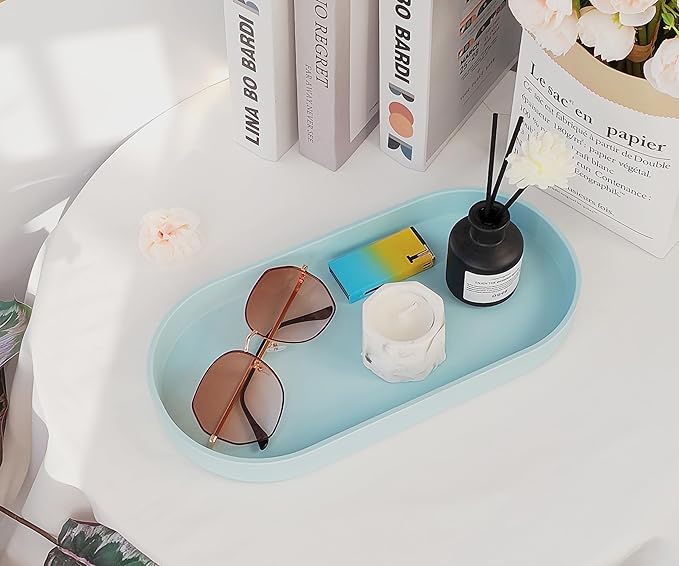 Blue Small Tray (11.8 inch), 3 Pack Oval Tray for Kitchen Counter, Bathtub Bathroom Vanity Items, Countertop Organizer, Coffee Accessory, Bar, Serving Seasoning, Salt and Pepper, Soap.