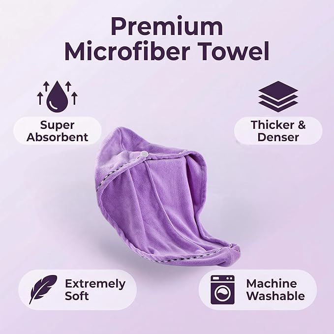 Microfiber Hair Towel 4 Pack, Hair Towel Wrap Quick Dry Hair Hat Anti-frizz Head Turban with Button, Wet Curly Hair Towels for Women (Blue & Pink & Purple & Red)
