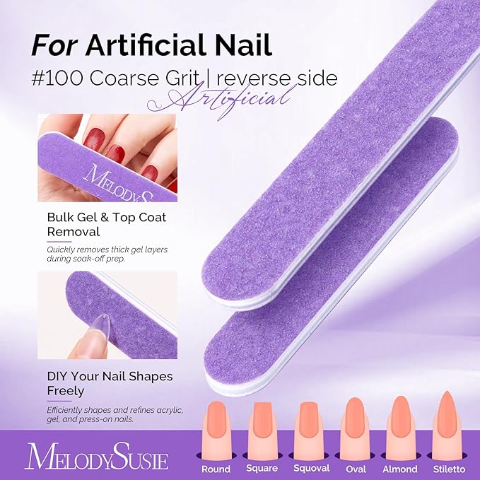 MelodySusie Nail File Kit, 7Pcs Double Sided 100/180 Grit Mixed-Shape Emery Boards for Nails, Professional Manicure Pedicure Supplies for Home and Salon Use, Mothers Day Gifts, Purple
