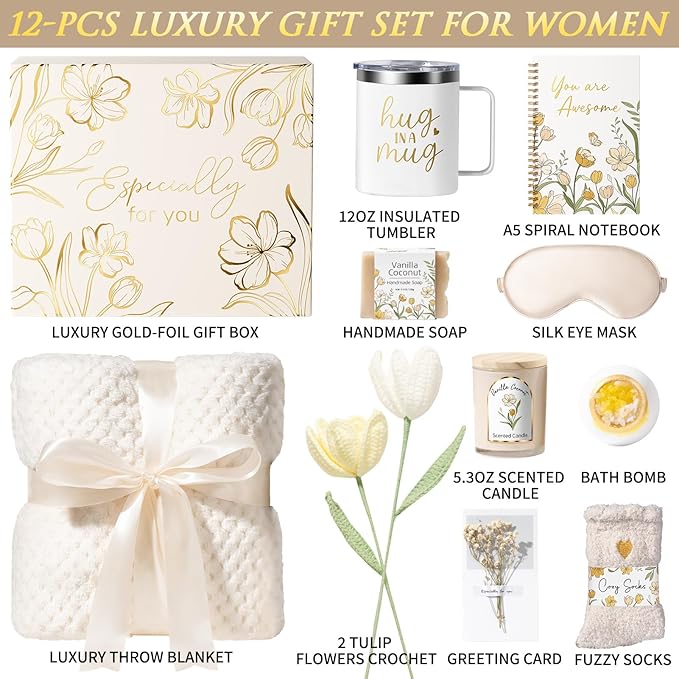 Mothers Day Birthday Gifts for Women Self Care Package, Get Well Soon Gift Baskets for Women Spa Gifts Set, Unique Thinking of You Inspirational Sympathy Gift Baskets for Mom Her Wife Friend Sister