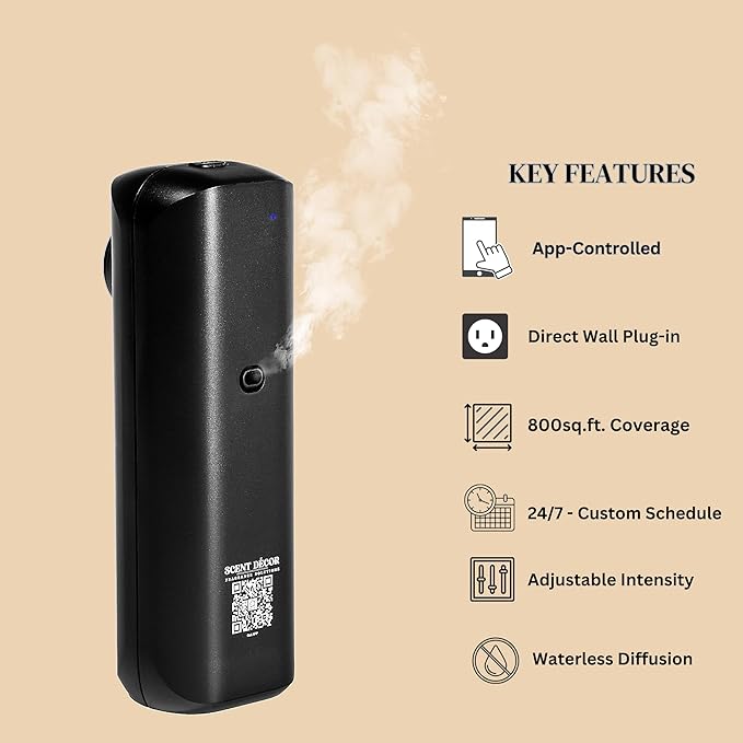 Plug in Diffuser for Essential Oils, App Controlled Electric Air Freshener Spray Dispenser, Mini Wall plugin Scent Diffuser for Home, Bathroom, Office, Spa - Aroma Oil NOT Included (Black)