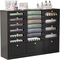 OmySalon Nail Polish Organizer Cabinet with Drawers, 47.2" L Large Nail Salon Storage for Polish & Powder, 7 Clear & 10 Visual Drawers, Wooden Beauty Salon Furniture (Black)