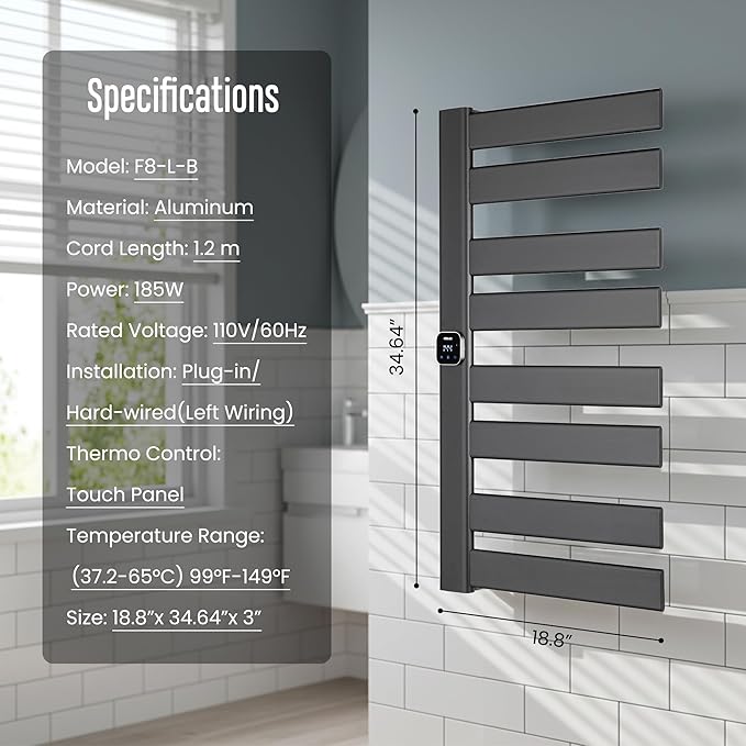 Towel Warmer, Heated Towel Rack with Built-in Timer and Temperature Control,Hard-Wired(Left-Wiring)/Plug-in Wall-Mounted Towel Rail, Aluminum，18.8" W X 34.64" H, Black