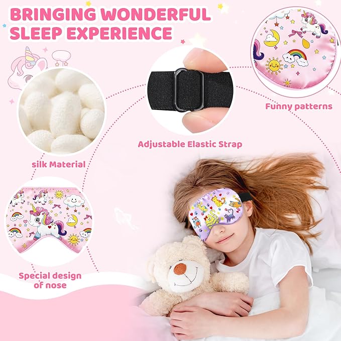 2 Pcs Sleep Mask for Kids Girls, Silk Eye Covers for Sleeping, Adjustable Strap & Light Blocking Design, Children's Bedtime Blindfold for Travel and Home Use with Gift Box (Rainbow Unicorn)
