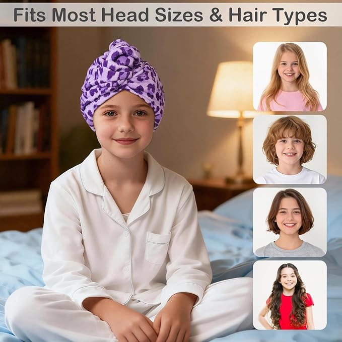 2 Pack Microfiber Hair Towel Wrap for Girls, Quick Dry Hair Turban for Kids, Absorbent Frizz-Free Hair Drying Towel with Button for Long Thick Curly Hair, Purple Pink Leopard
